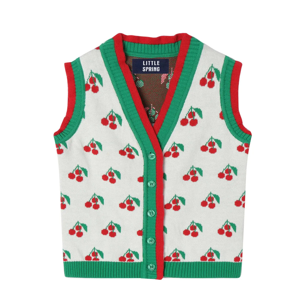 LittleSpring Toddler Girls V Neck Sweater Vest Cute Button Down Knit Vests Sleeveless Cardigan Cherry Print Cotton Stretchy 4T - My Store