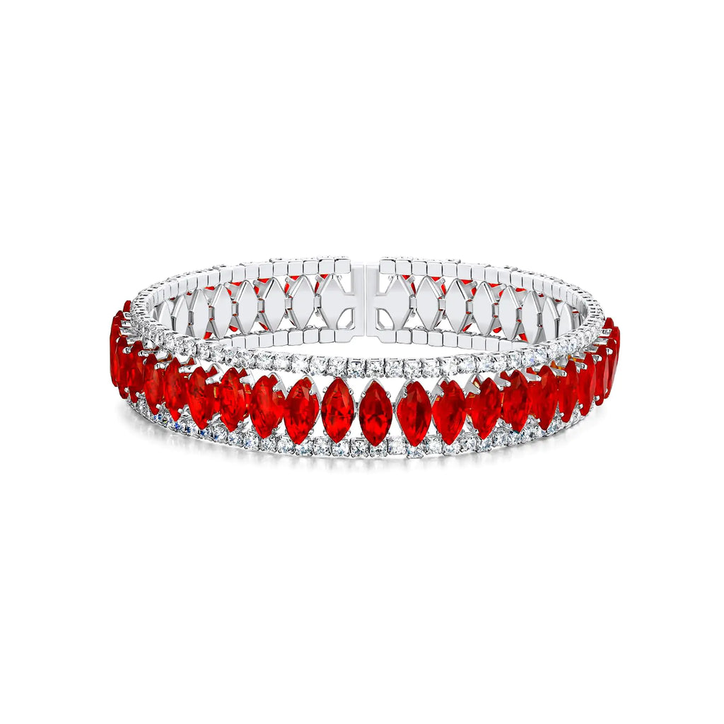 Red Almond Cubic Zirconia Cuff Bracelet for Women and Teenagers 3 Row Rhinestone Silver Bracelet | Open CZ Diamond Bangle (Red Almond CZ Cuff White Gold Plated)