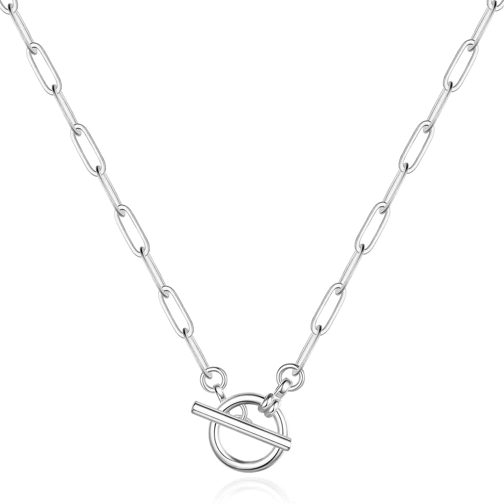 Turandoss Silver Necklace for Women 14K White Gold Plated Toggle Clasp Simple Link Chain Necklace Silver Choker Oval Link Paperclip Chain Necklaces for Women Silver Necklace for Women Silver Jewelry