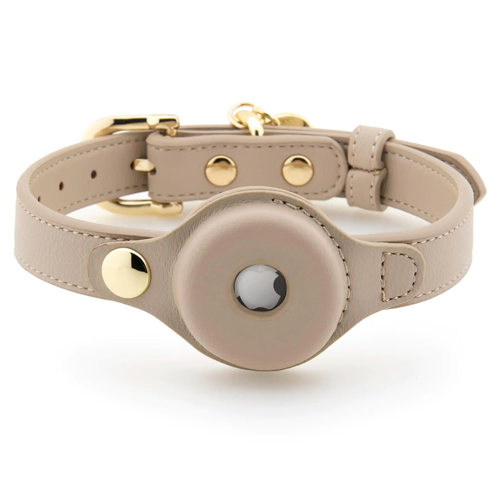 NINA WOOF Cupertino Dog Collars Harnesses & Leashes Made from Vegan Leather with Dog Tracker Device Holder Adjustable Dog Collar (Small Beige)
