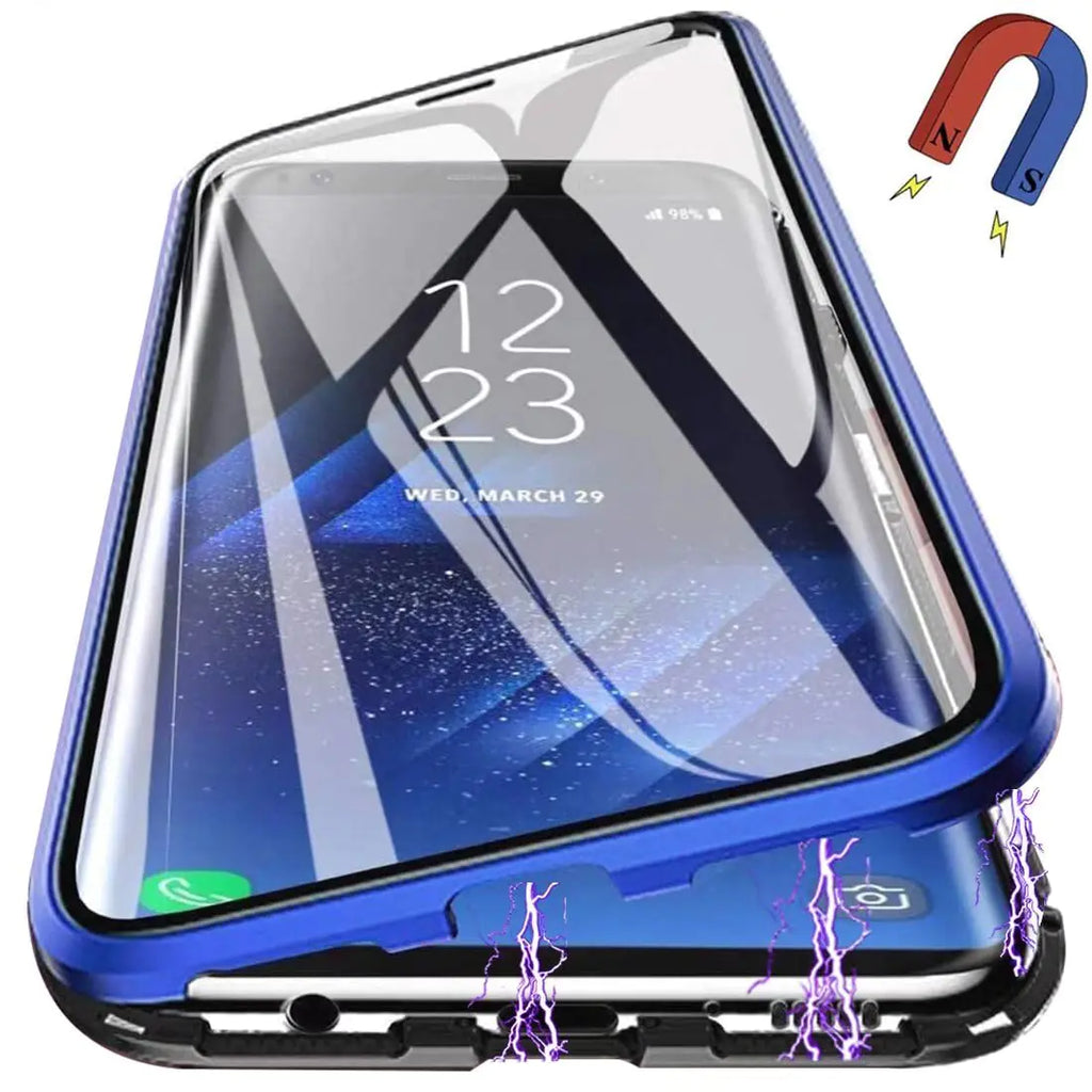 PingGoo Magnetic Case for Samsung Galaxy S25 Cover 360° Full Protection Clear Cover Metal Bumper with Front and Back Clear 9H Tempered Glass Flip Cover for Samsung Galaxy S25 Blue