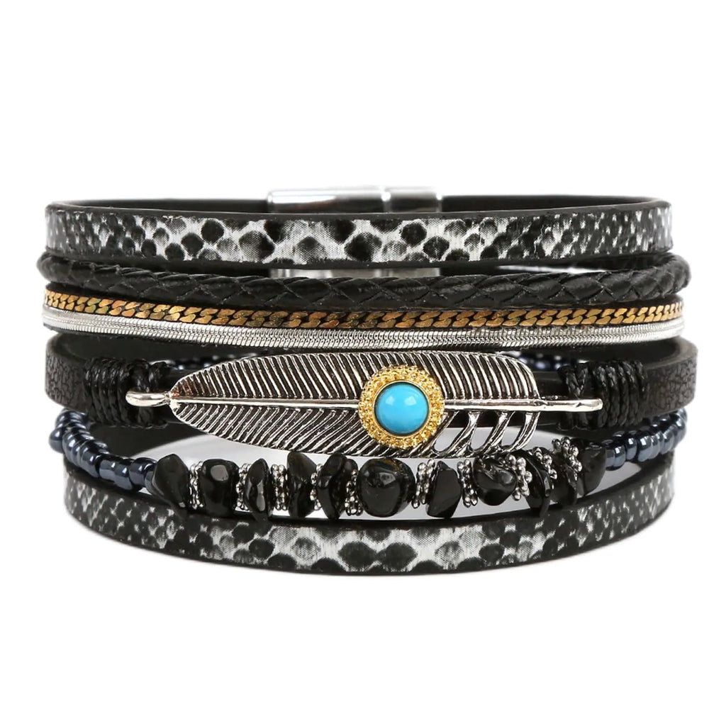 Long tiantian Feather Multi Strand Bracelet Womens Leather Cuff Bracelet Wrap Bracelet Turquoise Boho Bangle Braided Leather Wristbands Bohemian Jewelry Gifts for Women Teen Girls Wife Sister(black)