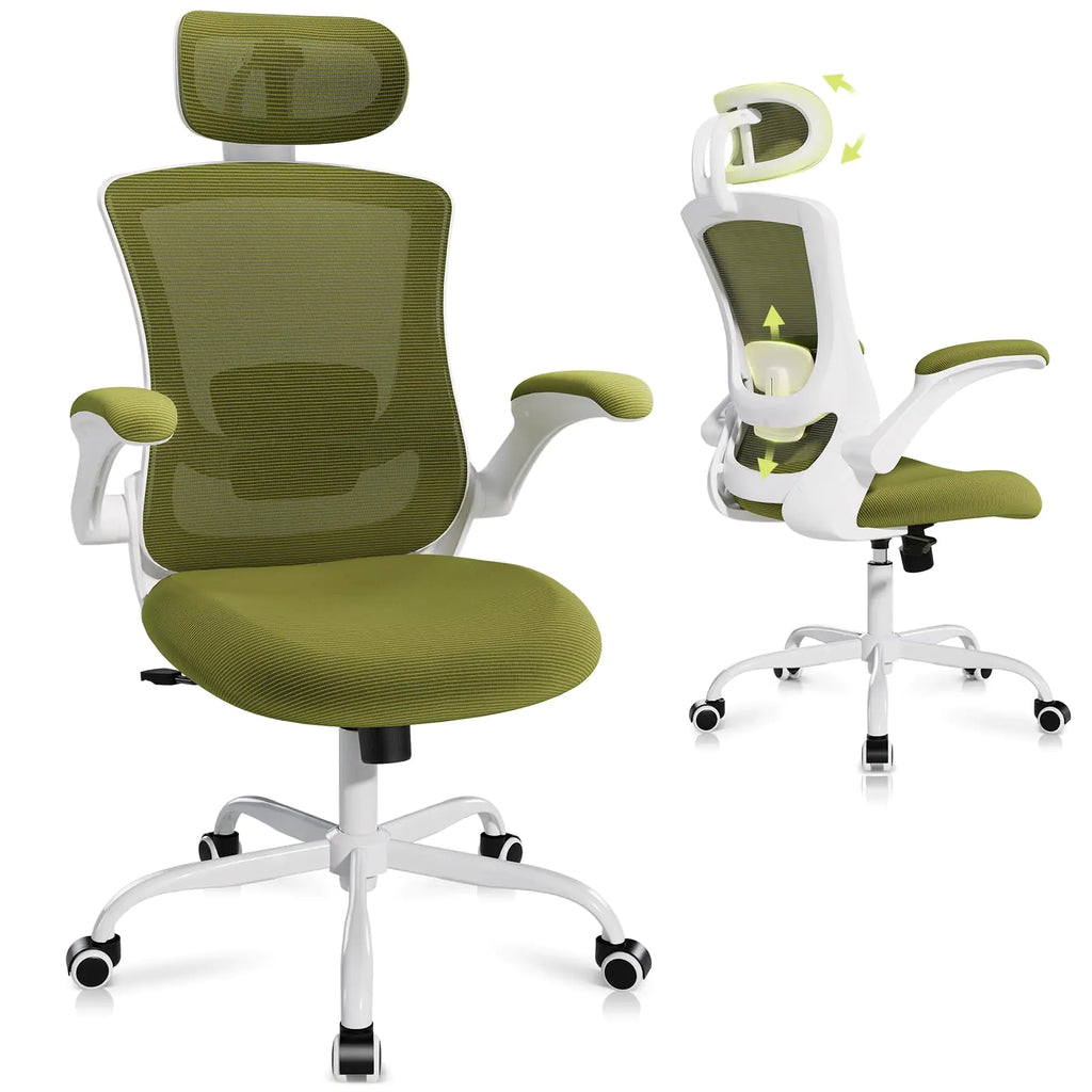 Ergonomic Office Chair with Adjustable Lumbar Support & Headrest High Back Mesh Desk Chair with Flip-Up Armrests Breathable & Comfortable Computer Chair for Home Office & Study –Green