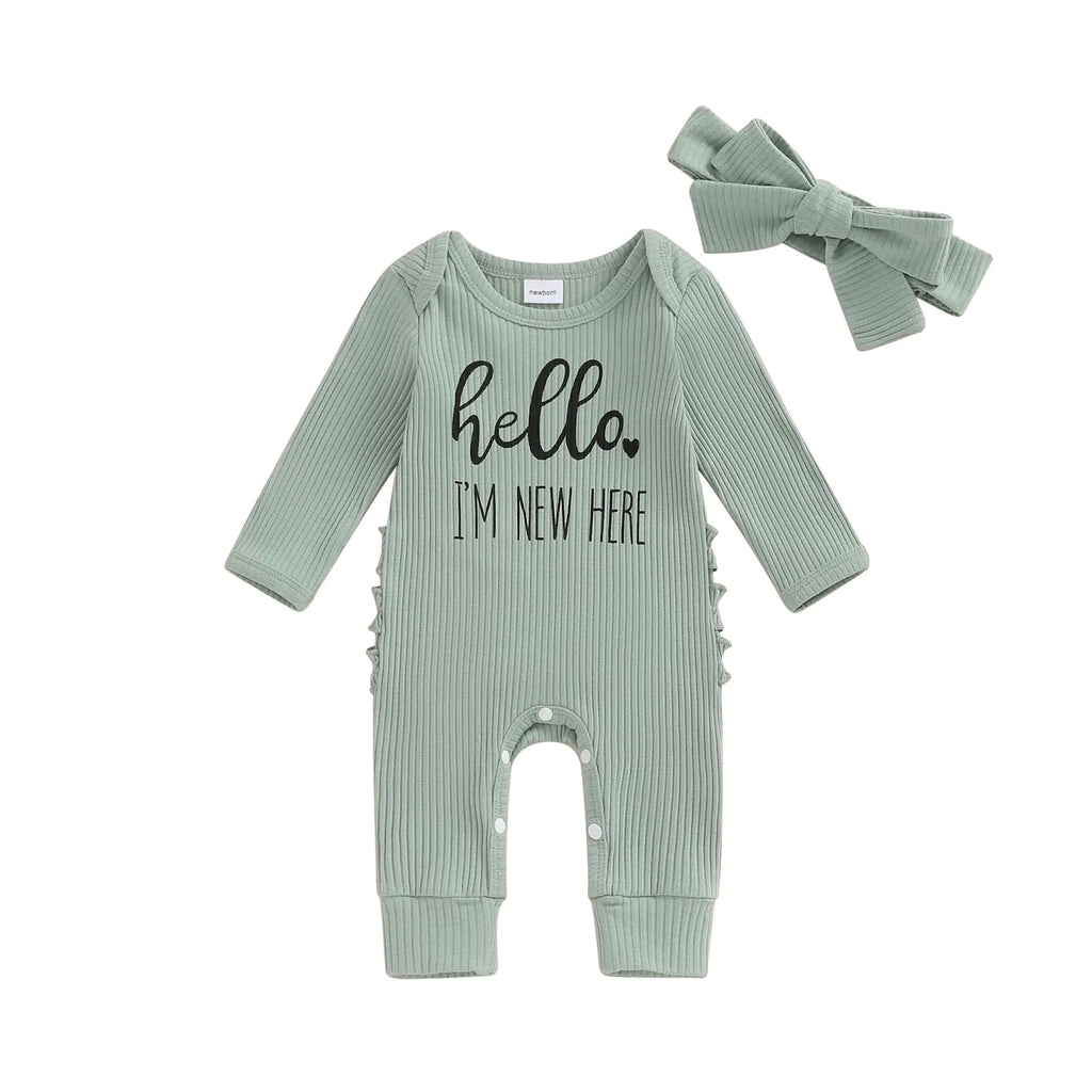 Newborn Baby Girl Boy Romper Hello IM NEW HERE Print Long Sleeve Ribbed Bodysuit Coming Home Fall Winter Clothes (Green Newborn) - My Store