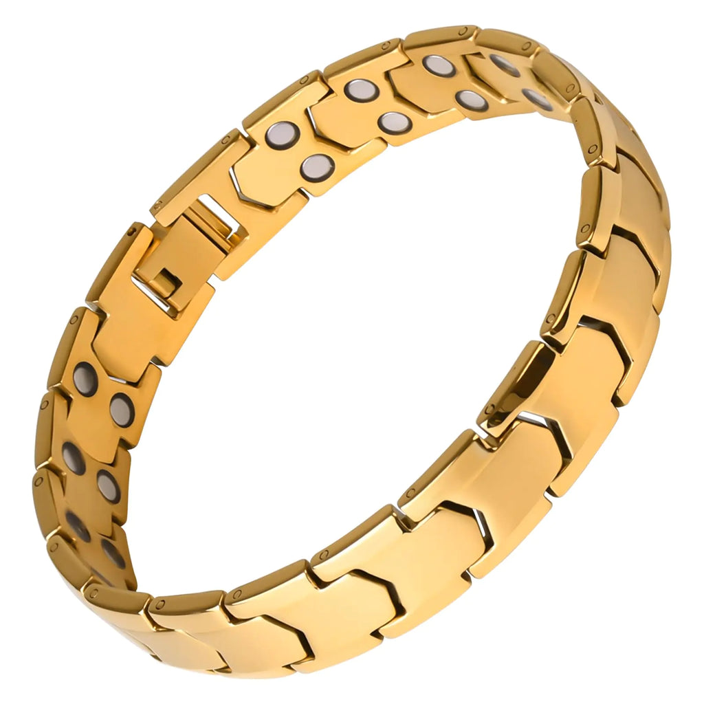 Magnetic Bracelets for Men，Stainless Steel Bracelet Lymphatic Drainage Therapeutic Magnetic Bracelets with Double Row Magnets Jewelry Gift with Adjust Tool (Gold)