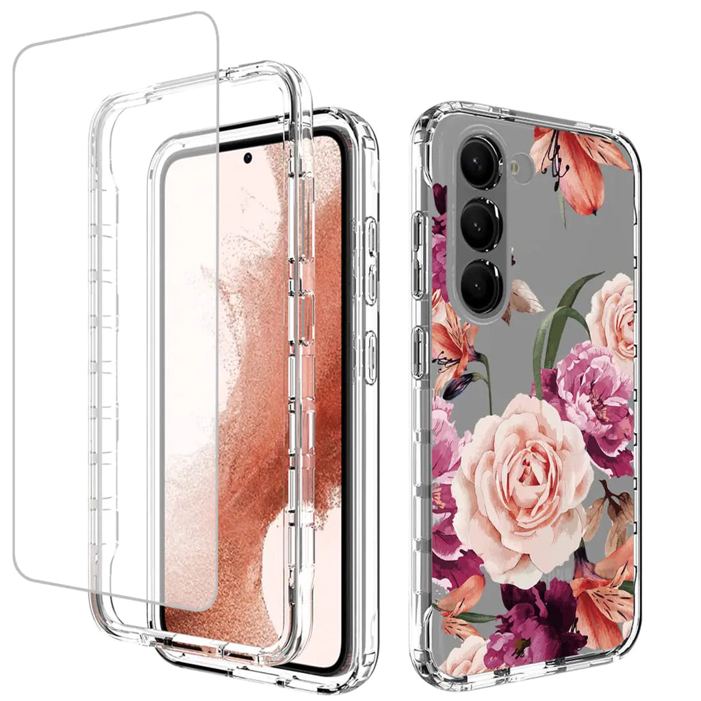 Ueokeird Case for Galaxy S23 Case Samsung S23 Case with Tempered-Glass Screen Protector Cute Clear Floral Pattern Full Body Protective Phone Cover Cases for Samsung Galaxy S23 (Purple Flower)