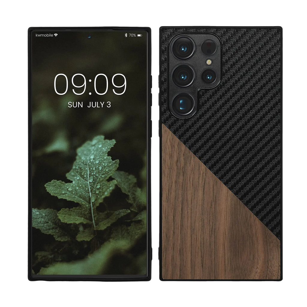 kwmobile Case Compatible with Samsung Galaxy S23 Ultra - Hard Phone Cover with TPU Bumper and Wood/Carbon Back - Dark Brown/Black