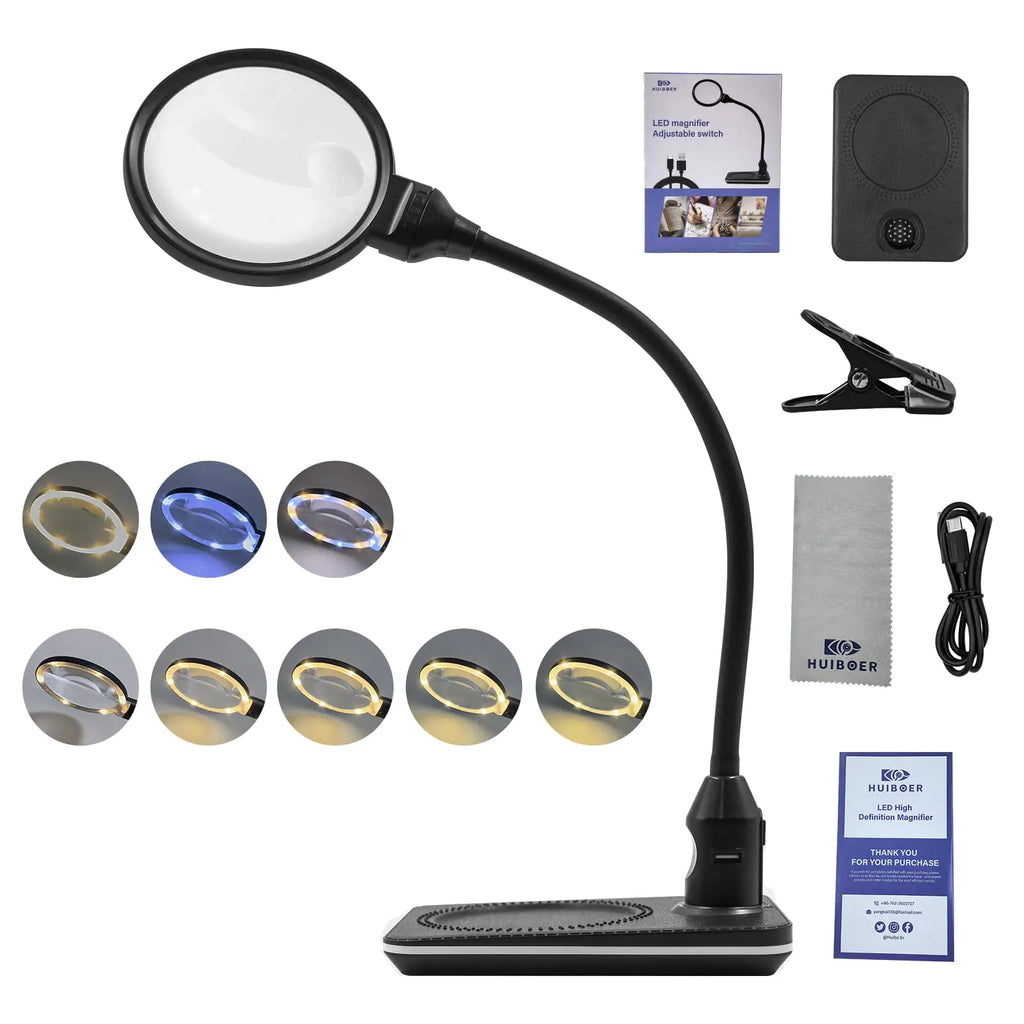 Huiboer Desktop Magnifier with 10x20x Magnifying Glass Lens and 3 Color Illumination LED Light and Base and Clip - Flexible Gooseneck Clip On Desk Lamp