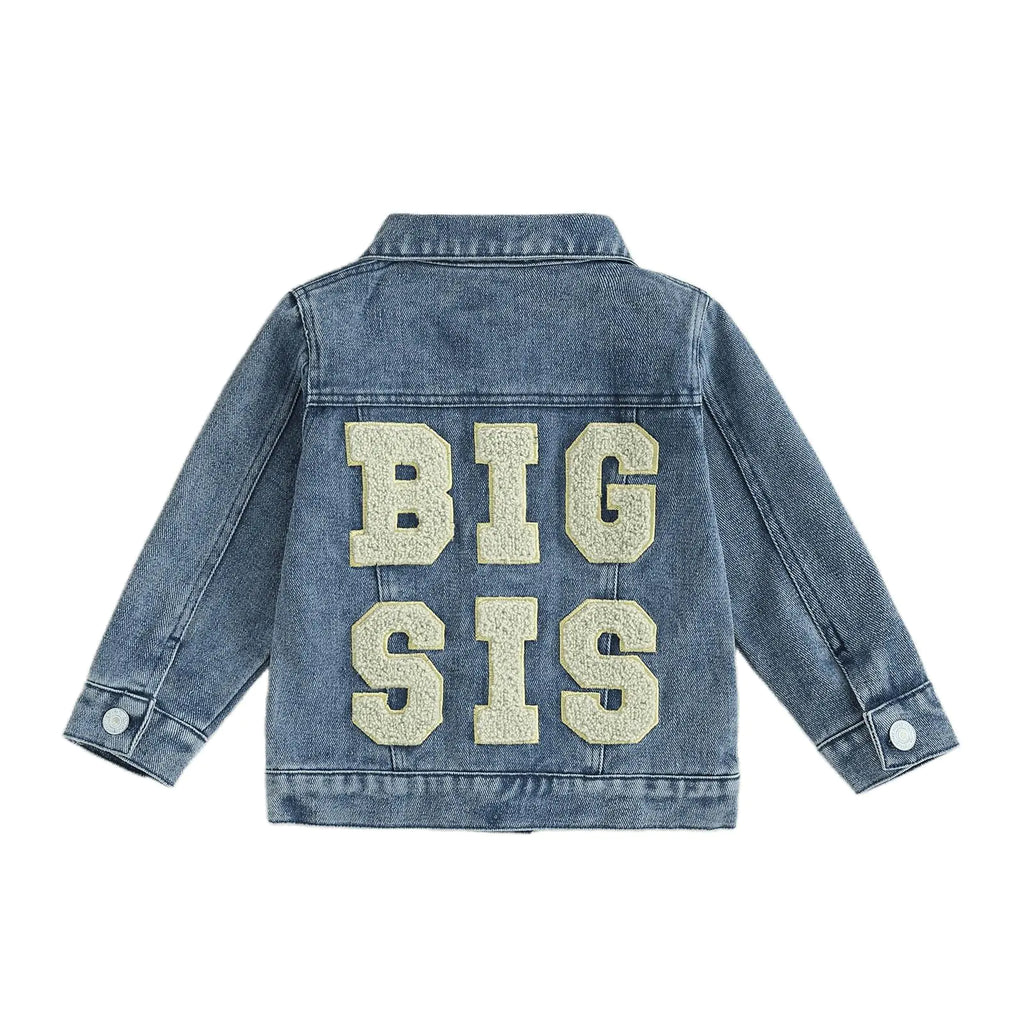 VISGOGO Toddler Baby Girl Jacket Big Sis Matching Set Embroidery Jean Long Sleeve Cardigan Button Denim Coat (Blue-Big Sis 3-4 Years) - My Store