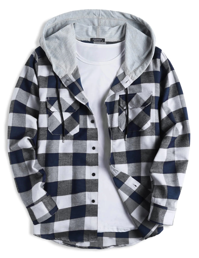 COOFANDY Mens Plaid Hooded Hipster Hoodies Long Sleeve Fleece Shirts Drawstring Jacket Navy Blue