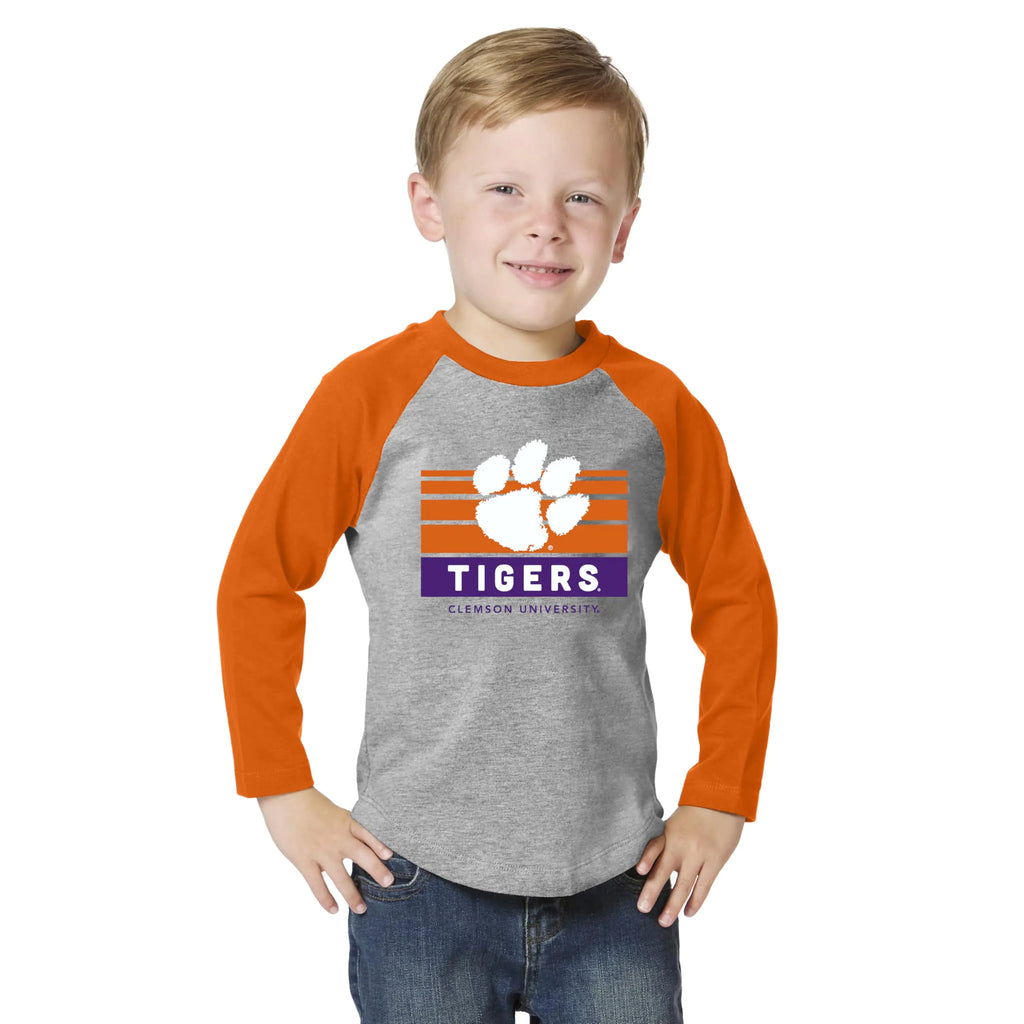 Little King NCAA Toddler Long Sleeve Raglan T Shirt-Team Logo-Clemson-Oxford/Orange-3T - My Store