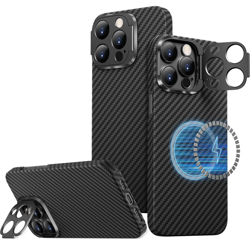 memumi Case for iPhone 15 Pro Max Carbon Fiber Magnetic with Phone Stand [Aramid Fiber] Sturdy Durable Aramid Fiber for iPhone 15 Pro Max Case Magnetic with Aluminium Camera Kickstand Black
