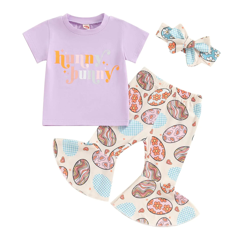 Hnyenmcko Toddler Baby Girl Easter Outfits Short Sleeve Letter Print T-Shirt Bunny Flared Pant Sets Summer Clothes Set (AB-Purple 6-12 Months) - My Store