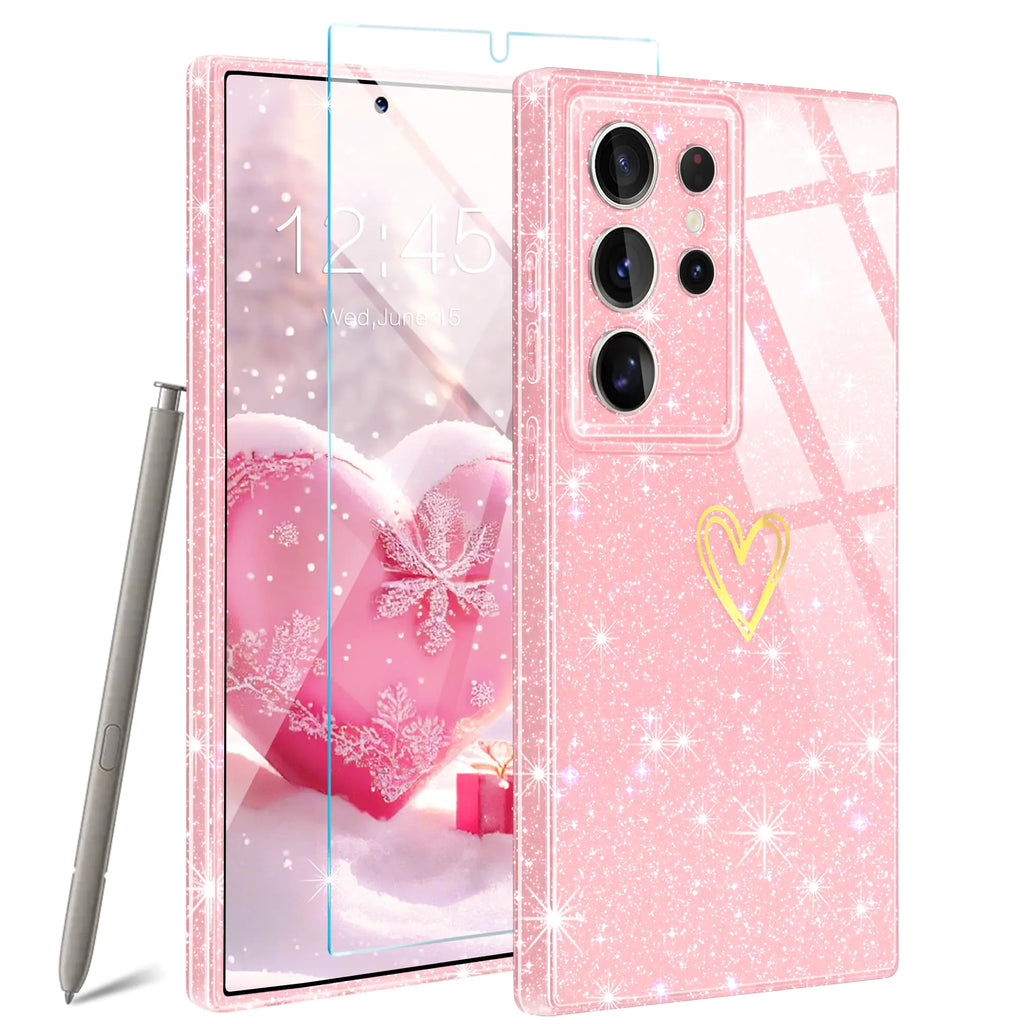 Qviskteme for Samsung Galaxy S24 Ultra Case[Clear Glitter] S24 Ultra Case [with 1X Tempered Glass Screen Protector] Cute Bling Phone Case Shockproof Protective Slim Soft Silicone Cover (Rose Gold)