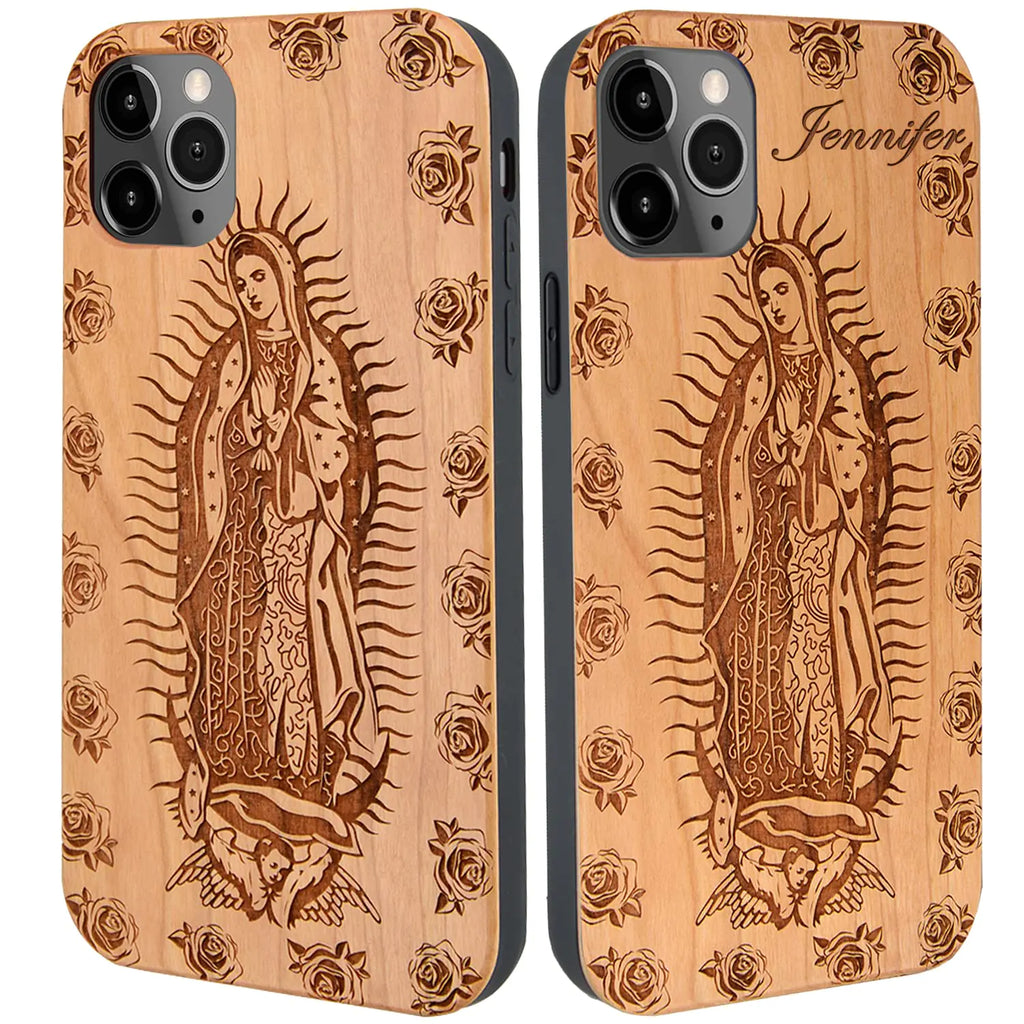 iProductsUS Virgin Mary Wood Phone Case Compatible with iPhone 15 15 Plus 15 Pro 15 ProMax [2023] 14 14 Plus 14 Pro 14 ProMax [2022] Optional Name Engraved Working with Wireless Charging