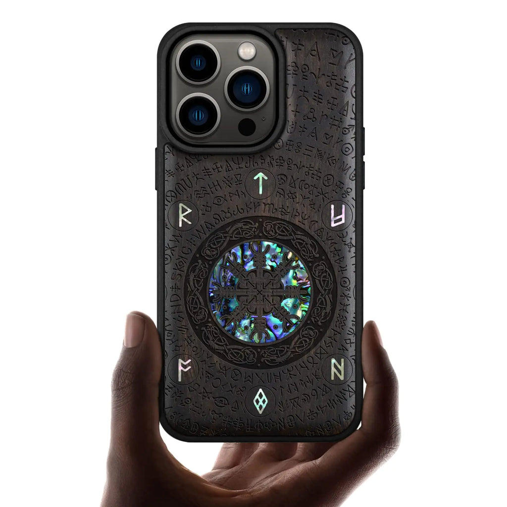 Carveit Designer Wooden Protective Case for iPhone 14 Pro Magnetic Case Cover [Wood Engraving & Shell Inlay] Unique Wood Phone Case Compatible with 14 Pro MagSafe Case 6.1 Inch (Viking-Blackwood)
