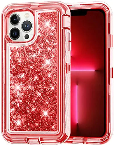 for iPhone 13 Pro Liquid Glitter Case Luxury Floating Bling Sparkle Shockproof Cover Compatible with iPhone 13 Pro (Red)