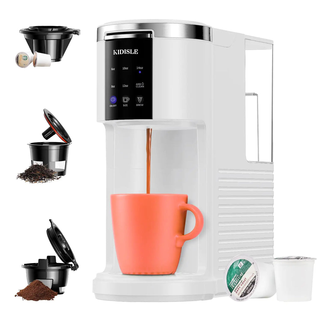 KIDISLE Single Serve Coffee Maker for K Cup Pods & Ground Coffee & Teas 6 to 14oz Brew Sizes 40oz Removable Water Reservoir Self-cleaning Function White