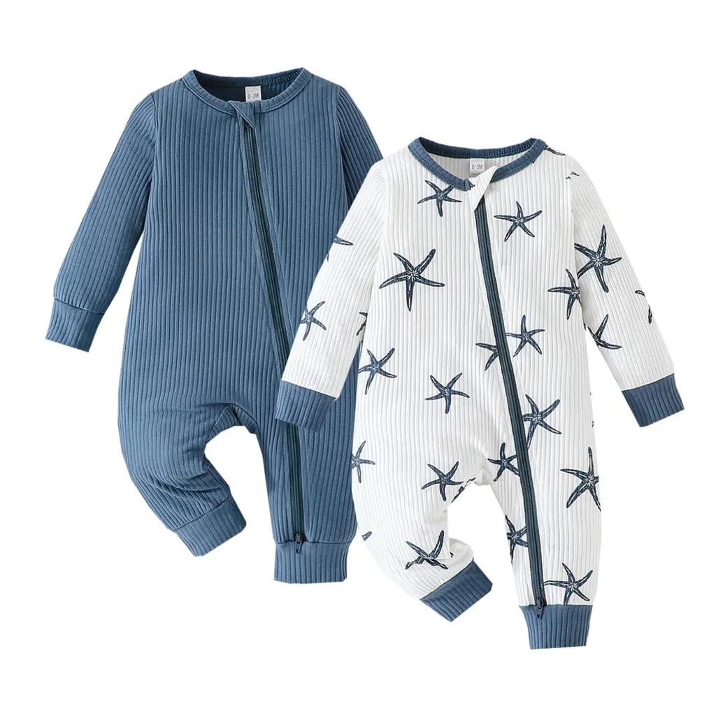 Bafeicao 2 Pack Baby Boy Girl Rompers Ribbed Printing+Solid Two Way Zipper Long Sleeve Romper One Piece Jumpsuits ClothesDark Blue+Star 12-18M - My Store