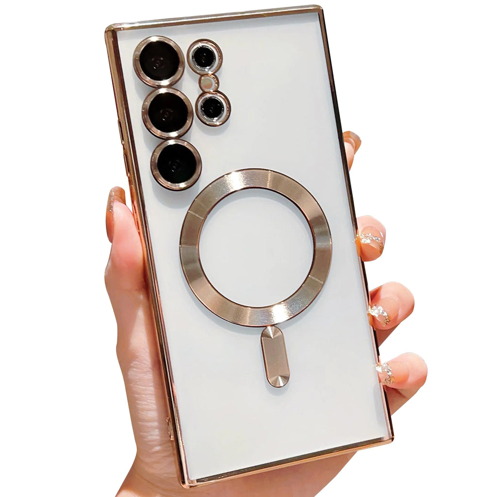 ZSYTZL Compatible with Samsung Galaxy S24 Ultra 5G Case Magnetic Support Wireless Charging with Full Camera Lens Protective Transparent TPU Phone case for Samsung S24 Ultra Case 6.8 Inches-Golden