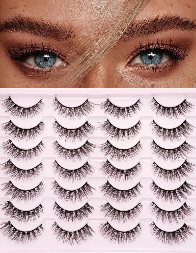 False Lashes Natural Look Eyelashes - 14 Pairs 14mm Faux 3D Mink False Eyelashes Natural Looking Fluffy Cat Eye Wispy Strip Lashes Pack by EMEDA (C002）