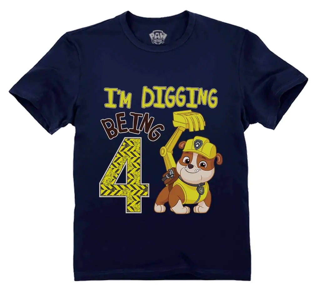 Paw Patrol Rubble Digging Being 4 Construction Bulldozer 4th Birthday Toddler Kids T-Shirt Navy - My Store