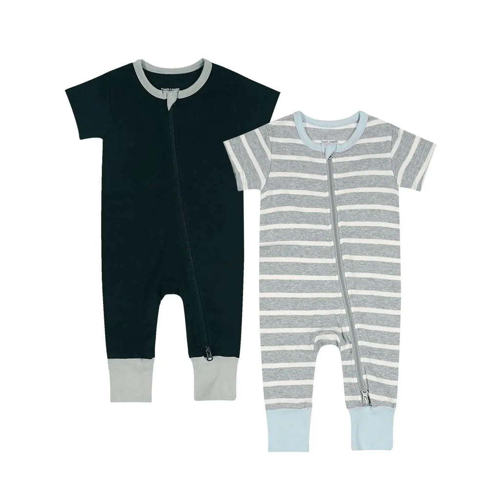 Teach Leanbh Toddler Baby Boys Girls 2-Pack Pajamas Cotton 2 Way Zipper Short Sleeve Footless Romper Sleep and Play (Grey+Black 3-4 Years) - My Store