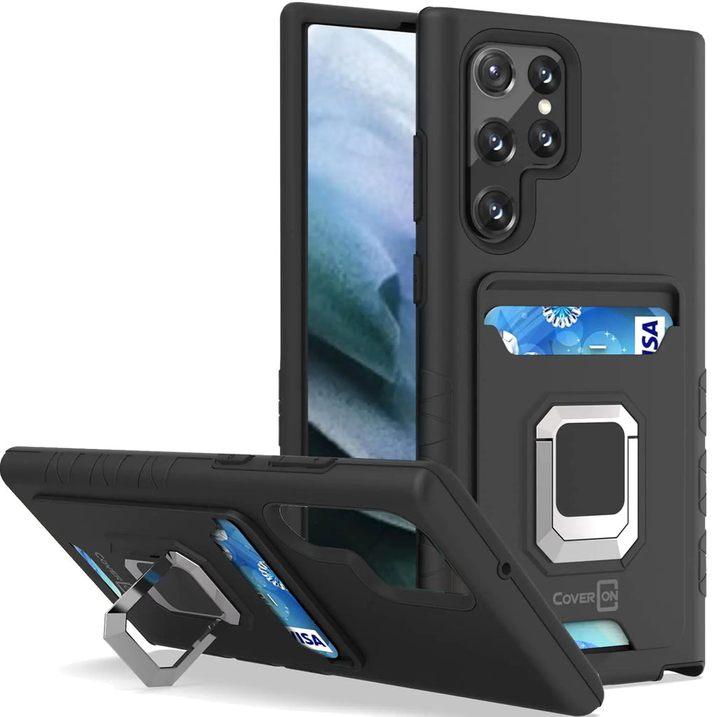 CoverON Designed for Samsung Galaxy S22 Ultra Case Card Slot Kickstand Ring Rugged Phone Cover - Black