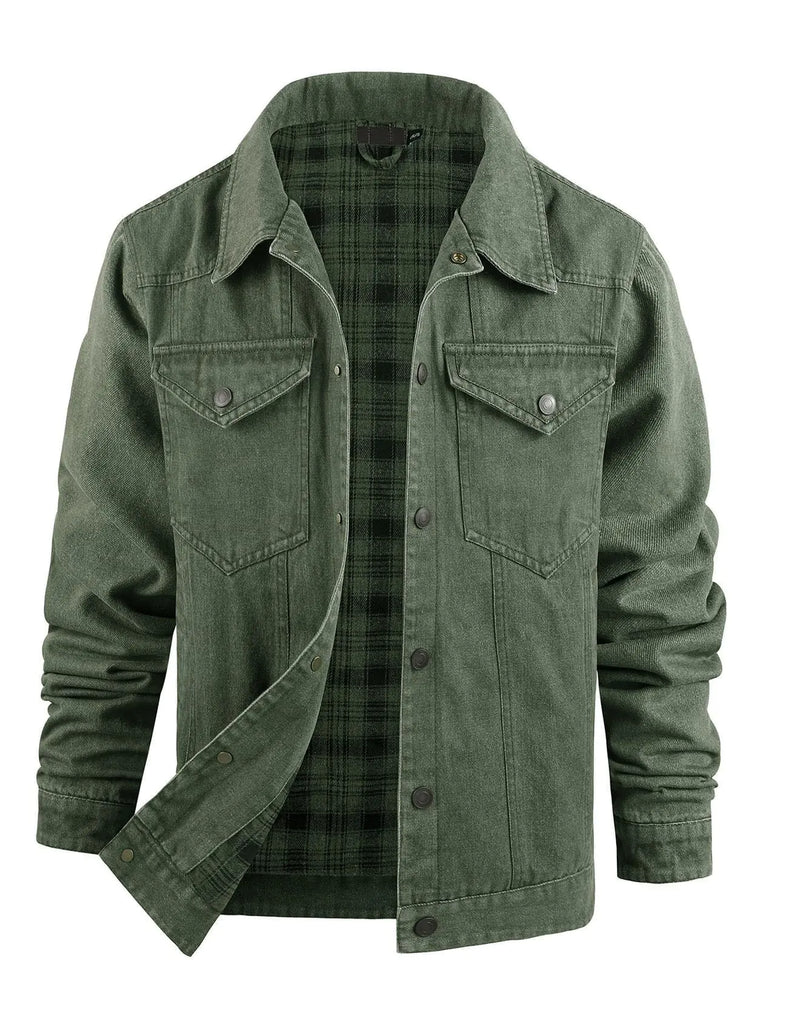 Flygo Mens Flannel Lined Denim Jacket Snap Cowboy Cut Western Classic Slim Fit Vintage Heavy Duty Jacket Trucker Coat(Green-L)