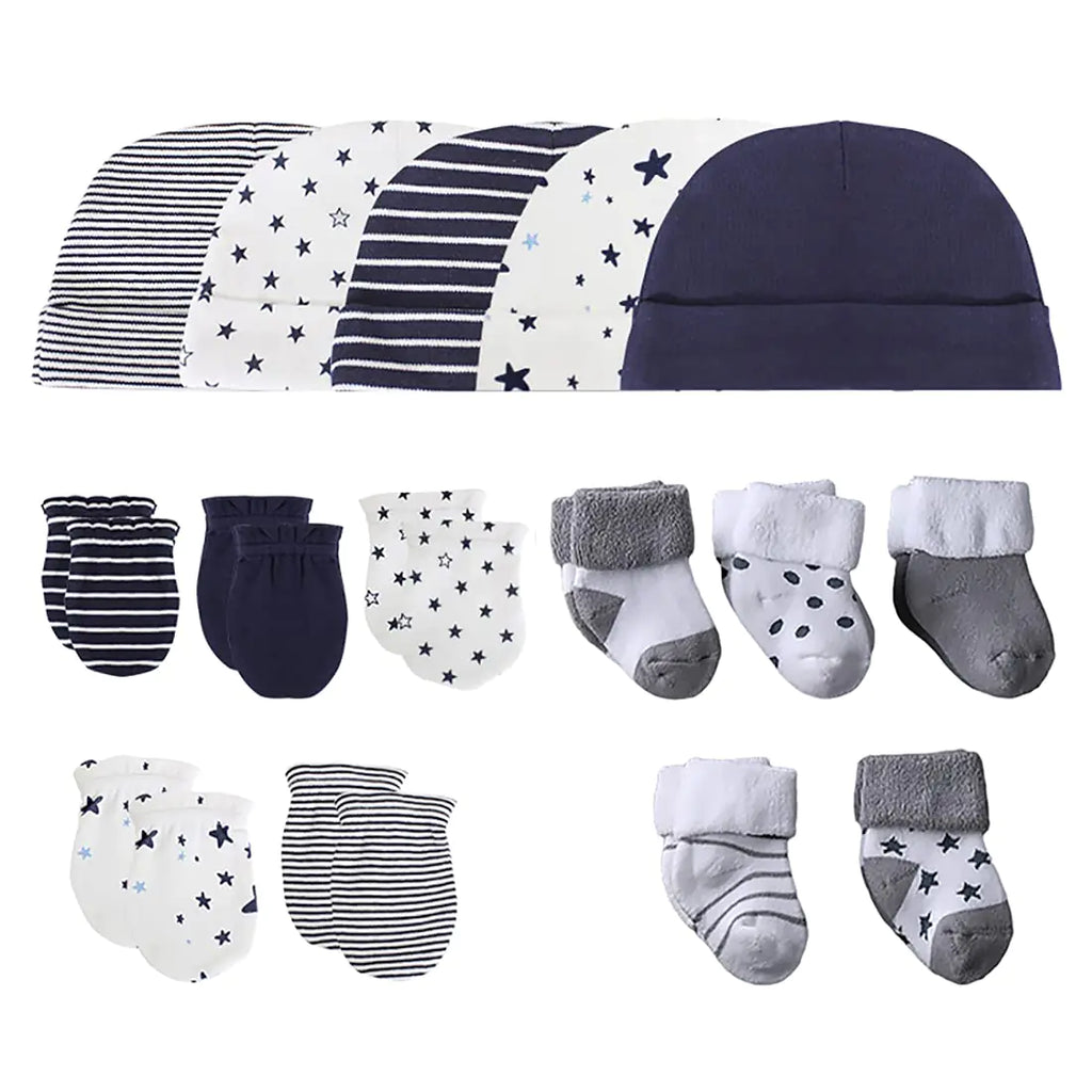 Chamie Baby’s 15-Pieces Organic Cotton Socks Caps and Mittens Set for Baby Girls and Boys Dark Blue - My Store