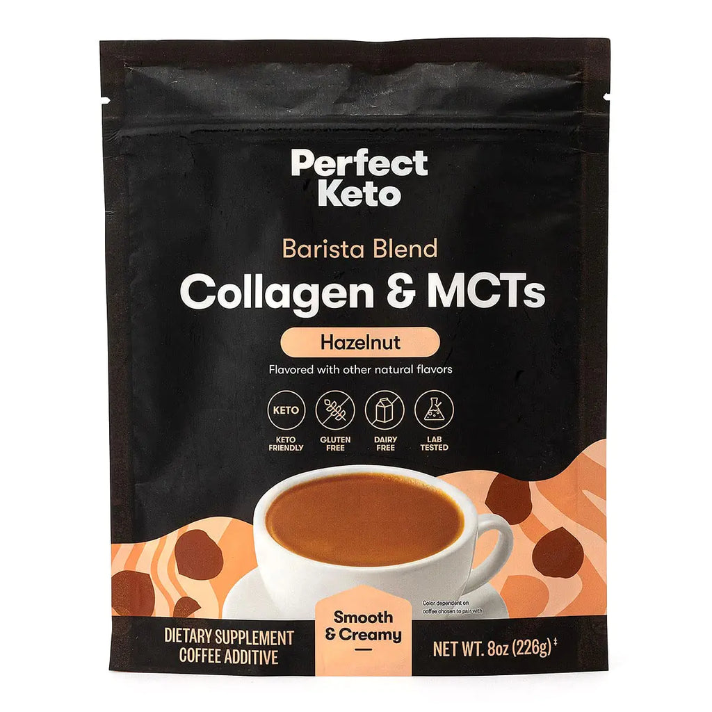 Perfect Keto Barista Blend Collagen Coffee Creamer Powder with MCT Oil Dairy Free Low Sugar Grass Fed Healthy Creamer for Ketogenic Diet Energy and Healthy Skin Hair and Nail Support Hazelnut