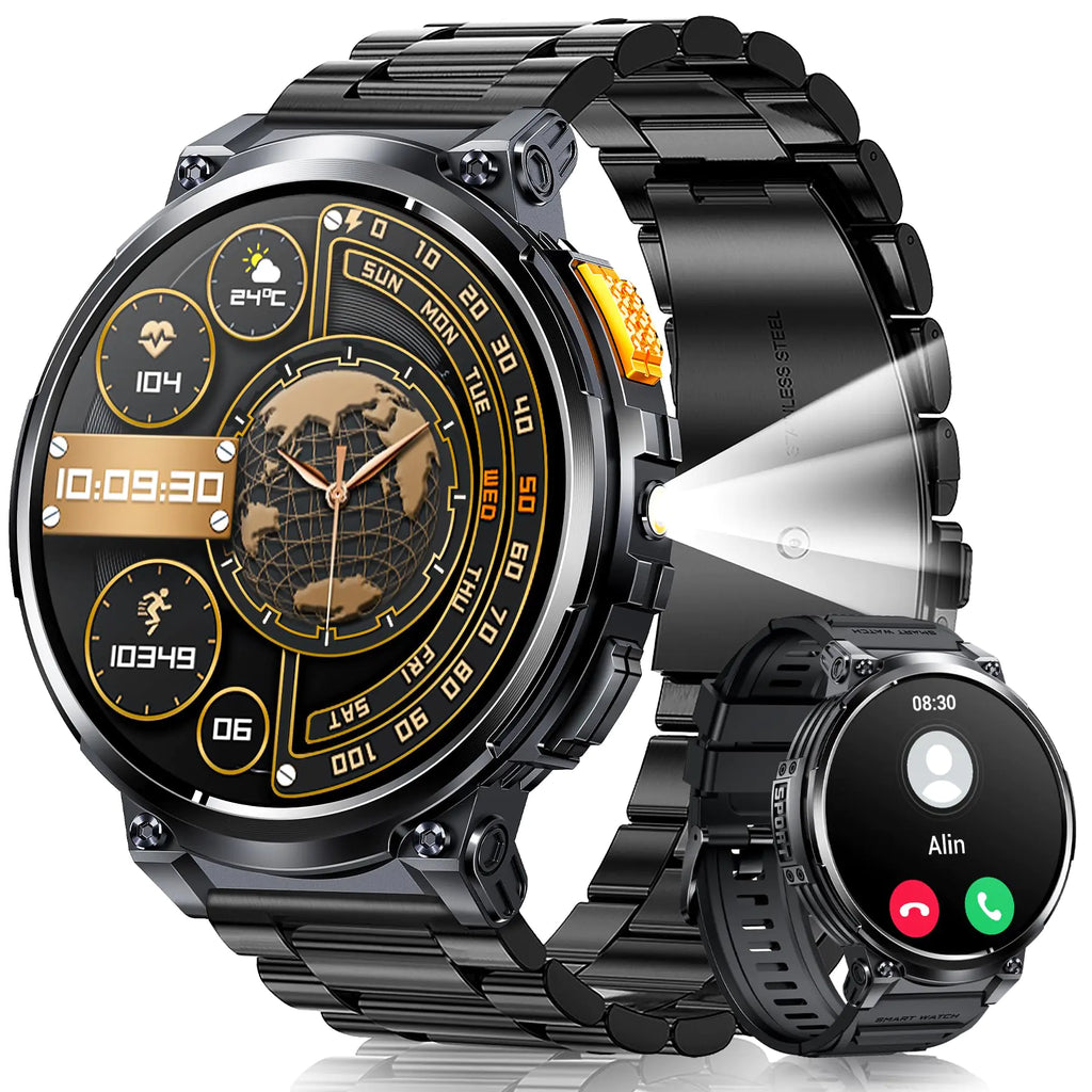 Foxhawk Military Smart Watch for Men with LED Flashlight 1.85” Rugged Smart Watch 730mAh Battery 114 Sports Modes Fitness Watch Heart Rate Sleep Tracker Tactical Smartwatch for iOS Android