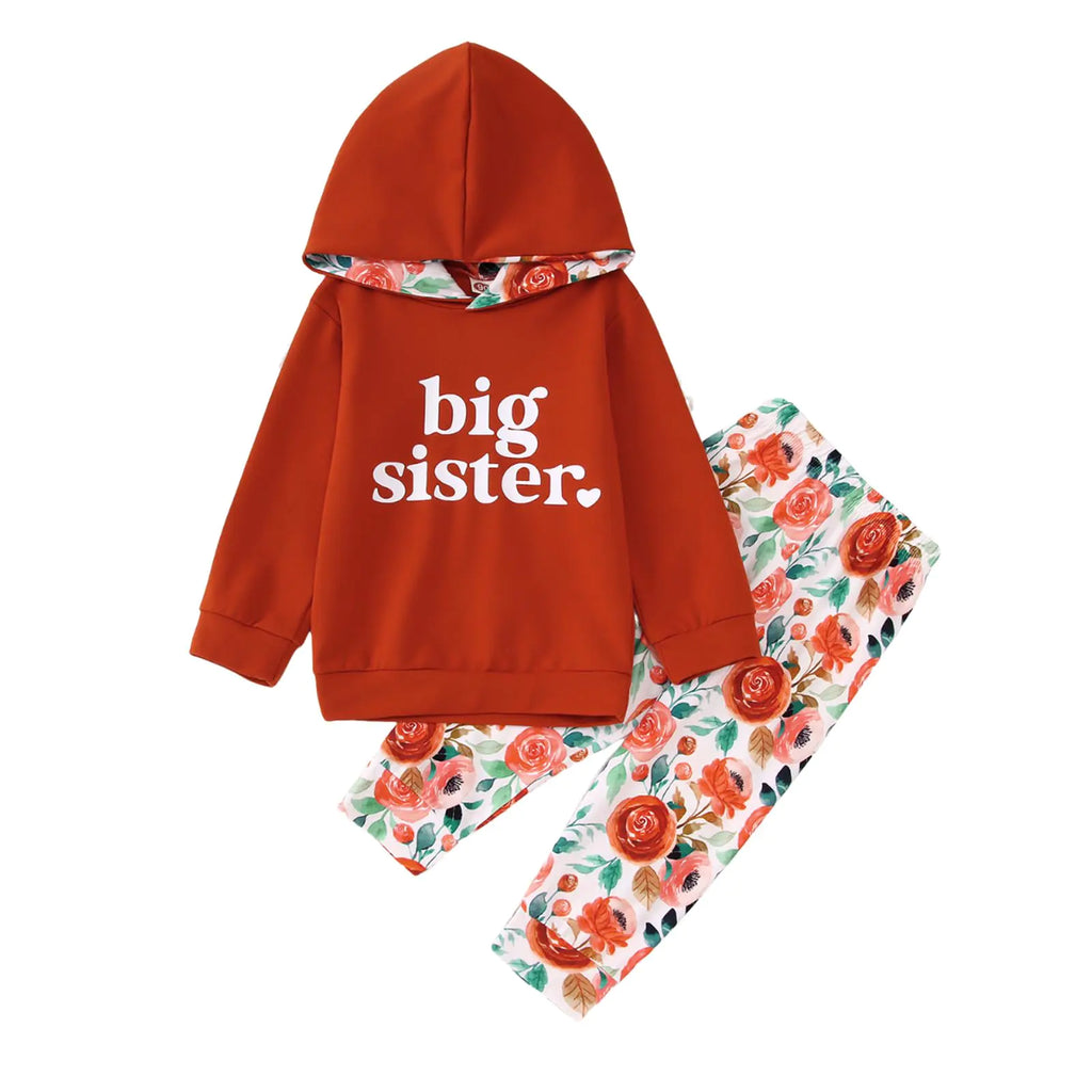 GLIGLITTR Big Sister Outfit Toddler Baby Girl Big Sis Hoodie Sweatshirt Floral Pants 2PC Sets Kids Cute Fall Winter Clothes(Red orange4-5T)