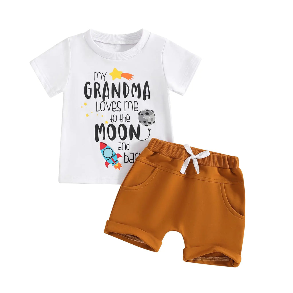 Fernvia Baby Boy Summer Outfits Toddler Funny Letter Short Sleeve T-Shirt Tops Elastic Shorts 2 Piece Clothes Set - My Store