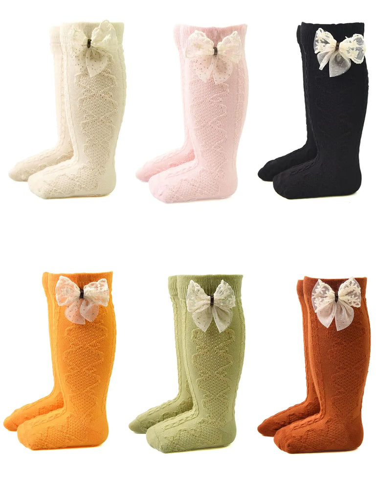 TWINKLING AT DOWN 6 Pairs Baby Knee High Socks with Bow Knit Toddler Girl Dress Socks Cotton Tube Long Socks for Baby Newborn Infant (0-1 years) - My Store