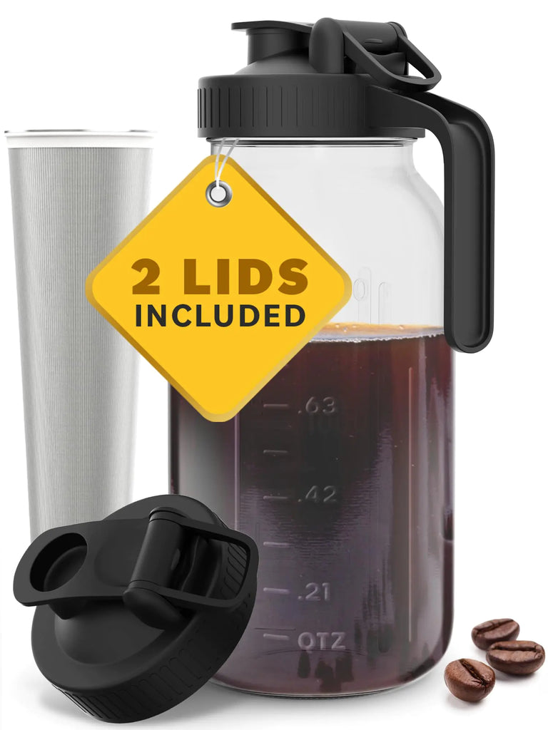 Cold Brew Coffee Maker with Heavy Duty Glass Body & 2 Lids - Iced Tea Machines with Stainless Steel Filter - Iced Coffee Maker - Cold Brew Mason Jar Pitcher with Flip Cap Lid (64 oz / 2 quart Black)