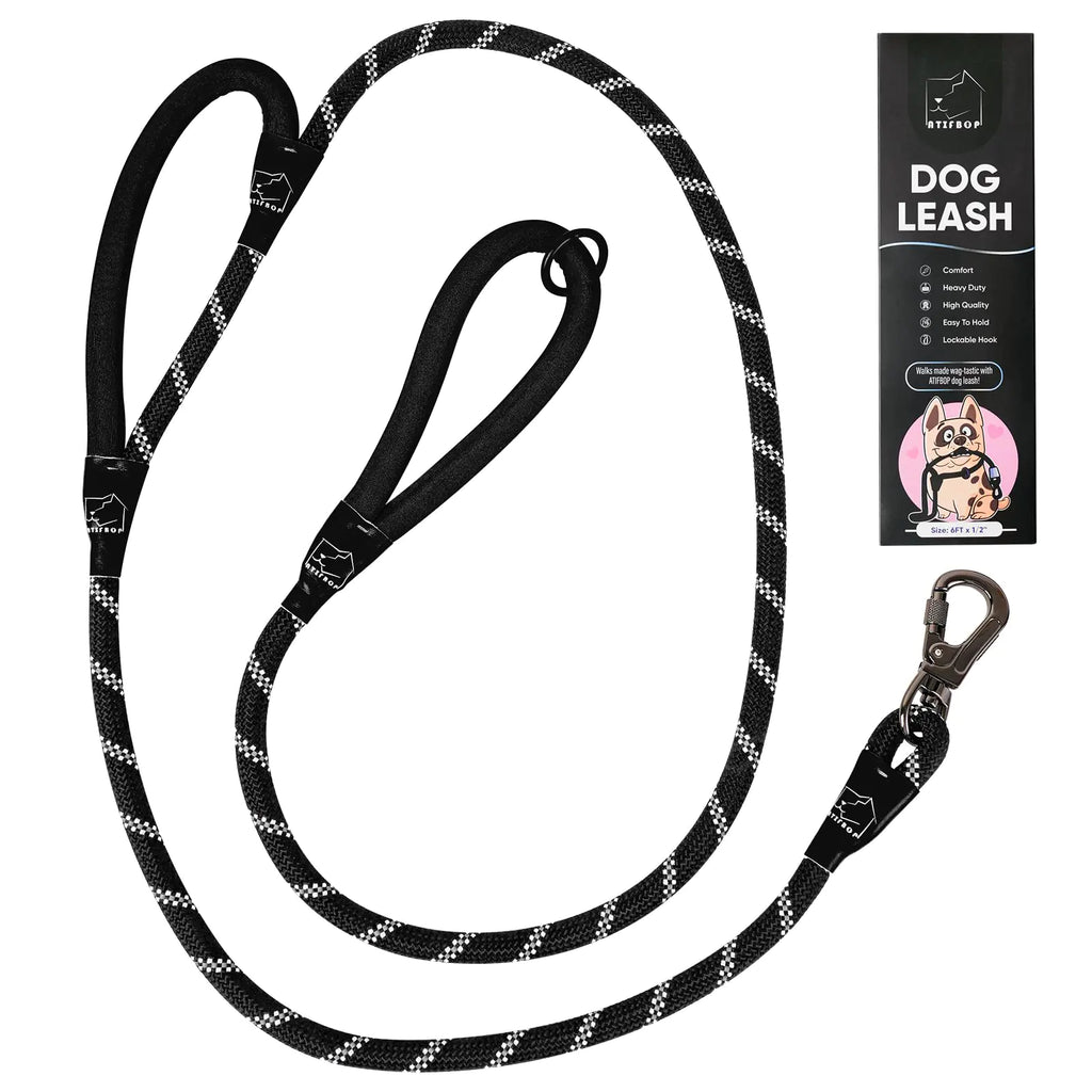 ATIFBOP 6FT Dog Leashes Double Handles Lockable Metal Carabiner ClipDurable Rope Dog Leashes with Highly Reflective for Training Medium Dog Small Puppy(Black)
