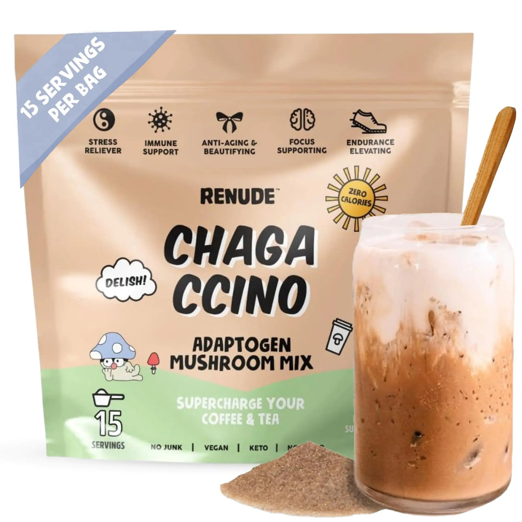 Renude Chagaccino - Chaga Mushroom Powder Mushroom Coffee Drink Mix with Adaptogens Natural Energy and Immune Support Vegan Keto Zero Calorie Mushroom Blend Powder - 15 Servings
