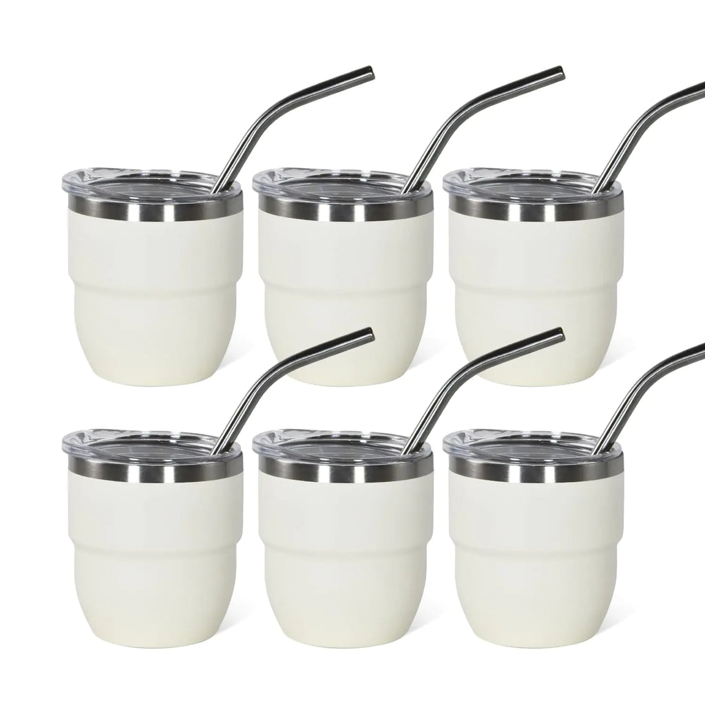 4oz Stackable Cup 6Pcs Mini Tumbler with Lid and Straw Stainless Steel Vacuum Insulated Espresso Cup Cute Coffee Cup for Morning Coffee，Individually WrappedWhite