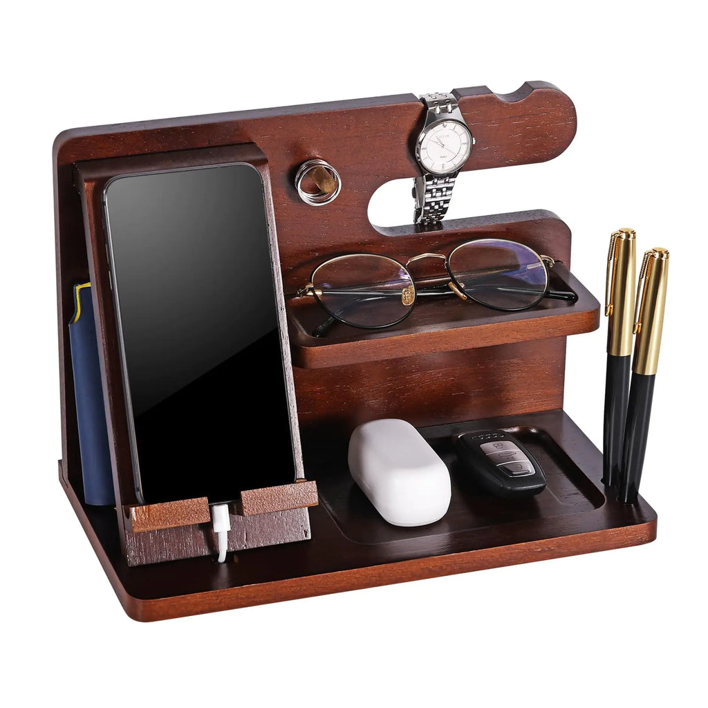 GOFULLHOME Wood Phone Docking Station Nightstand Organizer for Men Multi-Functional Wooden Phone Holder for Desk with Phone Slot Gifts for Dad Husband Brother Boyfriend Son