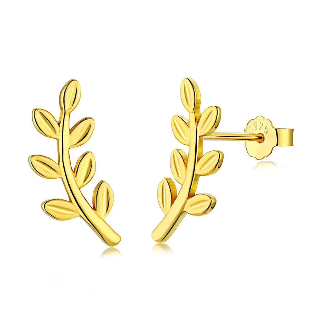 Cute Leaf Stud 925 Sterling Silver Earrings for Women Hypoallergenic Small Olive Leaves Branch Cartilage Ear Climbers Studs Fashion Minimalist Mothers Day Christmas Holiday Prom Jewelry Gifts (Golden)