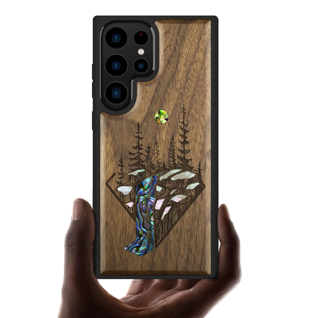 Carveit Designer Wooden Case for Samsung Galaxy S23 Ultra Case Cover [Wood Engraving & Shell Inlay] Wood Phone Case Compatible with Wireless Chargers Galaxy S23 Ultra Case (Falls Landscape-Walnut)