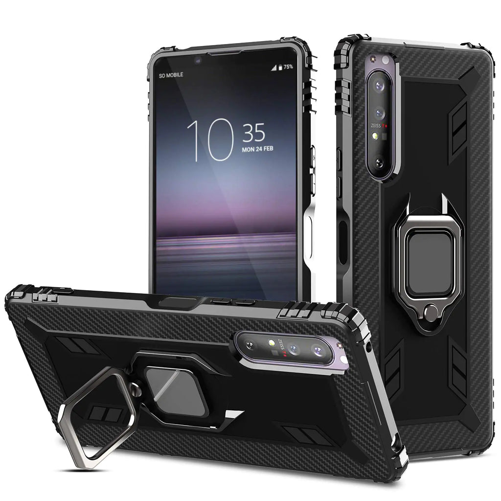 Ranyi Sony Xperia 1 II Case Carbon Fiber Case with 360 Rotating Ring Holder Kickstand Feature Shock Absorbing Full Body Protection Soft Rubber Silicone Case for Sony Xperia 1 II 6.5" -Black