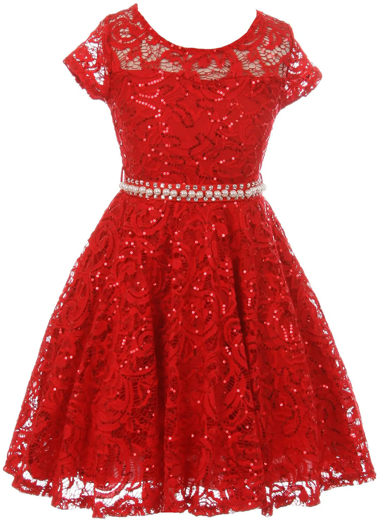 Big Girl Cap Sleeve Floral Lace Glitter Pearl Holiday Party Flower Girl Dress Red 8 JKS 2102 - My Store