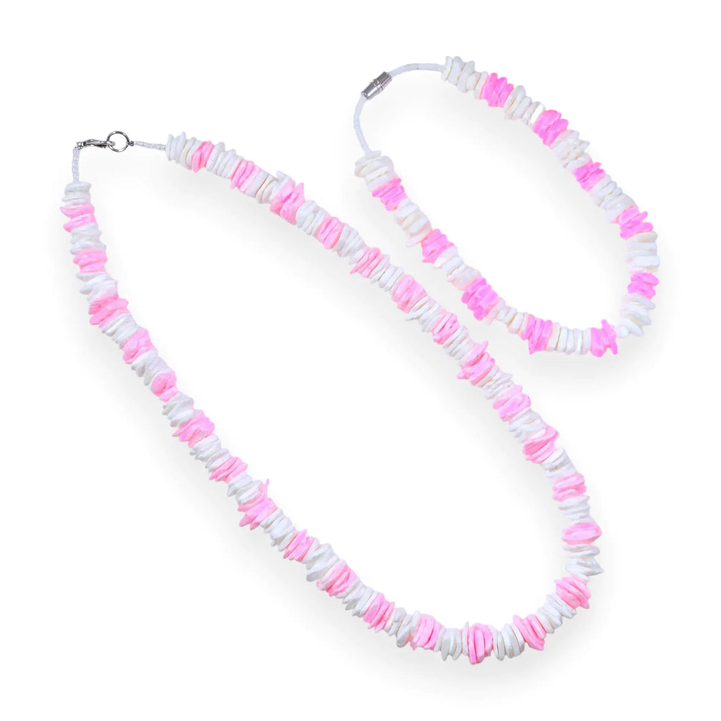 BlueRica Pink & White Puka Shell Chips Necklace & Anklet Set