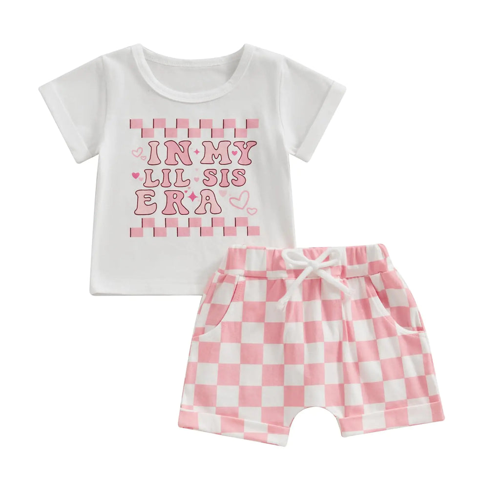 FOCUSNORM Toddler Baby Girl Outfit Newborn Girl Summer Clothes Short Sleeve T Shirt Checkerboard Top Set Elastic Waist Shorts (B-checkerboard Pink-A 3-6 Months) - My Store