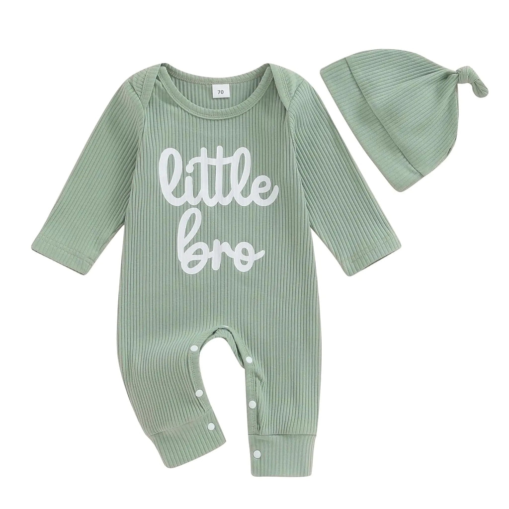 mlpeerw Newborn Baby Boy Romper Little Brother Print Knit Bodysuit Jumpsuit+hat Coming Home Outfit Infant Clothes (Green romper 3-6 Months) - My Store