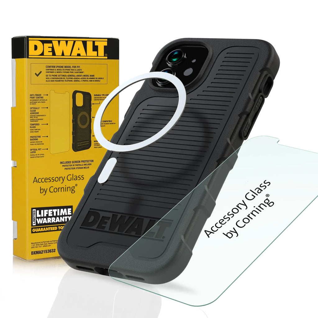 DEWALT Phone Case/Screen Protector Kit — Magnetic Case for iPhone 13 Pro — Tempered Glass Screen Protector Included — MagSafe Compatible Phone Case — Protective Impact & Scratch Resistant — Black