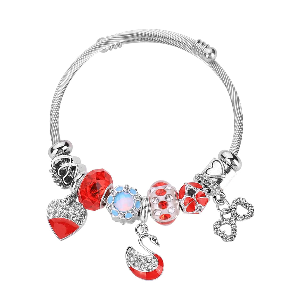 VICTLOV Mermaid Love Notes Butterfly Theme European Large Hole Beads Inside or Outside Rhinestones Charm Bracelet Bangle with Gift Box Set for Girl Lady (Red Inner Rhinestones)