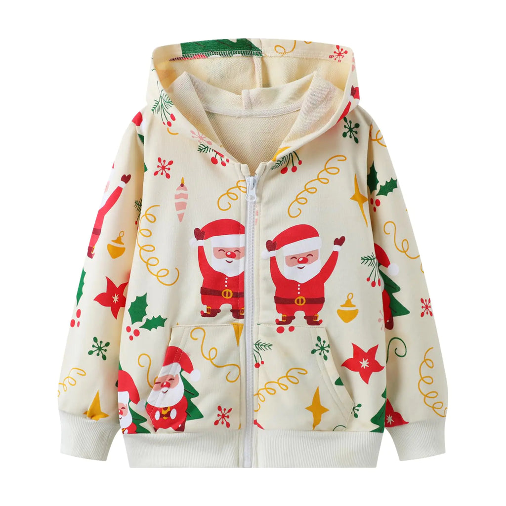 HILEELANG Toddler Boy Zip-Up Hoodie Sweatshirt Cotton Casual White Santa Claus Printed Lightweight Outerwear 2T